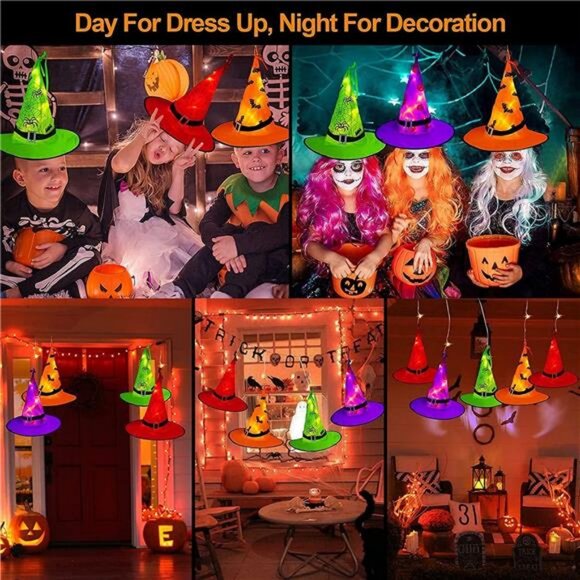 Halloween Decorations Lighted Witch Hats, 8Pcs Hanging Glowing Witch Hats 44ft - Picture 3 of 8